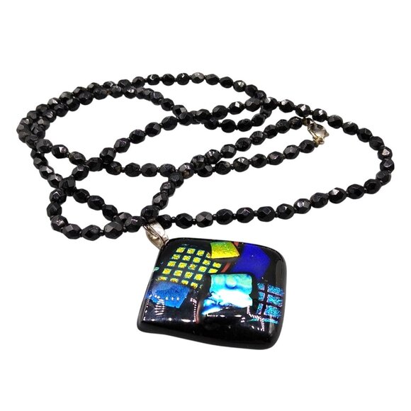 Dichroic Art Glass Modernist Pendant on Black Glass Beaded Chain, Beautiful Vint - Picture 3 of 8
